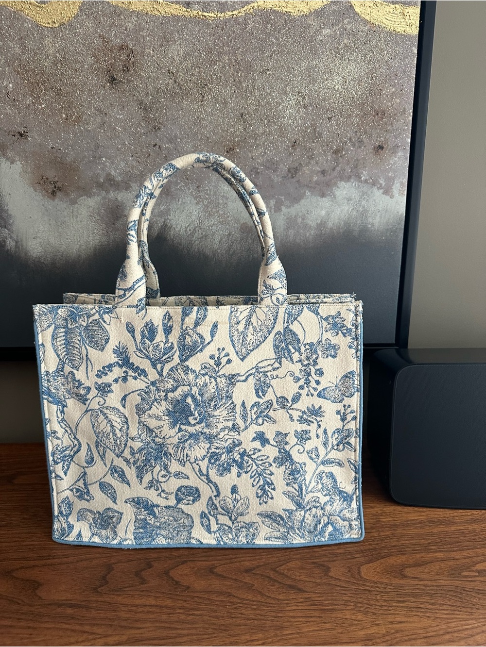 Floral Canvas book Tote Bag in Blue and Cream toile